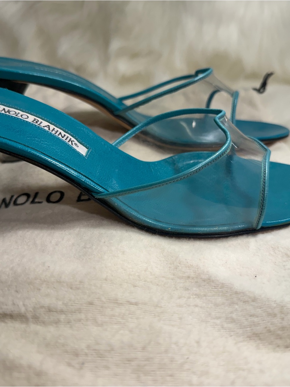 Manolo Blahnik Teal Slide Mules with Clear Strap - Picture 4 of 10